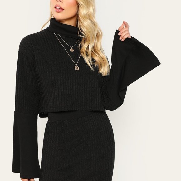 Black High Neck Ribbed Knit Top & Skirt Set